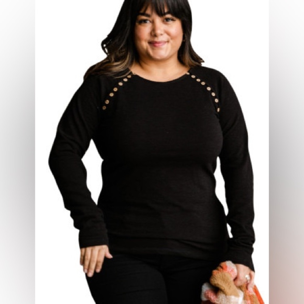 Black Button Detail Casual Round Neck Plus Size Top